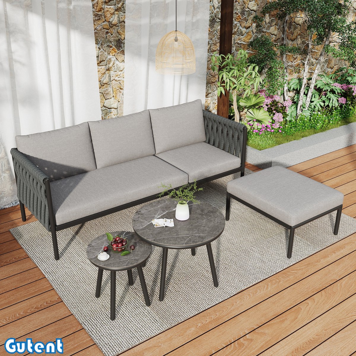Gutent Tuinmeubelset - Hoekbank - Sofa + 2 salontafels + poef - Rope wicker - Glazen tafel - Grijs