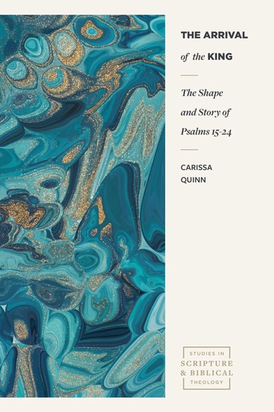 Couverture de livre avec des motifs marbrés abstraits bleus, verts et dorés, titrée 'THE ARRIVAL of the KING'.
