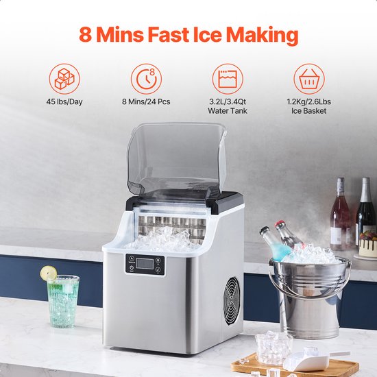SnelShoppen - IJsblokjesmachine voor aanrecht, 20,4 kg per 24 uur, draagbaar, zelfreinigend, met ijsschep en mand, zilver, ideaal voor keuken, bar, ka — afbeelding 5