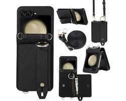 Zandarix Geschikt voor Samsung Galaxy Z Flip 6 5G - Crossbody met Portemonnee - Ring Kickstand - Kaartsleuven - Polsband - Dunne Leer Hoesje - Portemonee Hoesje - Zwart