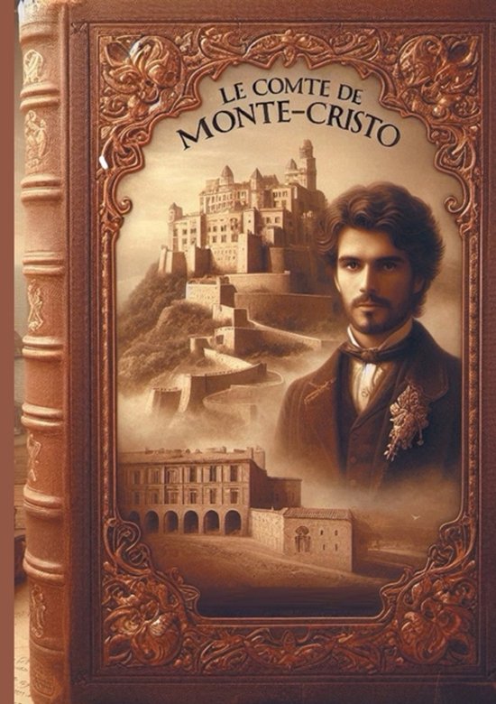 Een boek met de titel 'Le Comte de Monte-Cristo' en een portret van een man naast een kasteel.