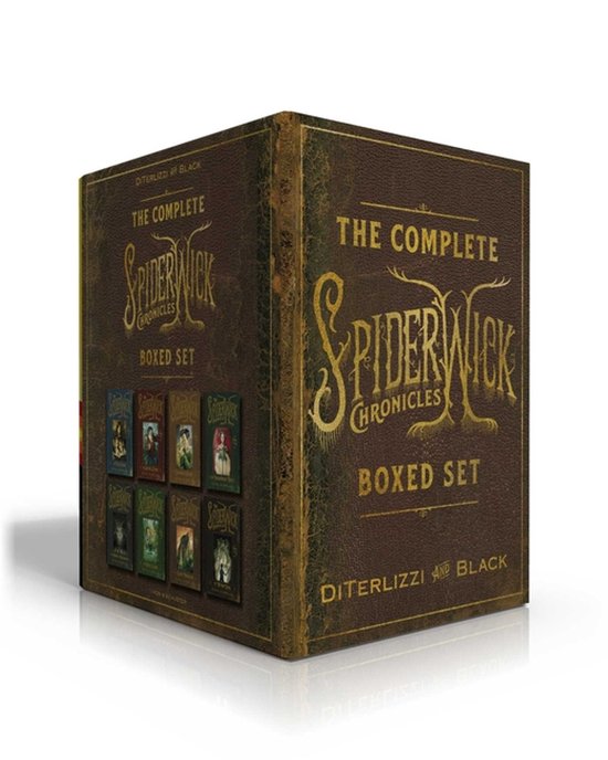 The Complete Spiderwick Chronicles Boxed Set, met een leren omslag en gouden letters. Bevat 8 kleine boeken.