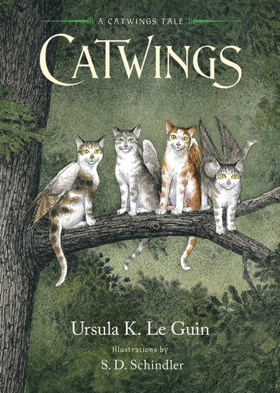 Boekomslag van 'Catwings' met vier katten met vleugels zittend op een boomtak.