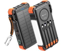 Siltcon® Solar Powerbank 20000 mAh - Powerbank Zonneenergie - Powerbank - Noodpakket - Draadloze Powerbank 15W - 22.5W Snellader - LED Indicatie - Zaklamp - Universeel - USB-A/USB-C - 4x Ingebouwde kabels