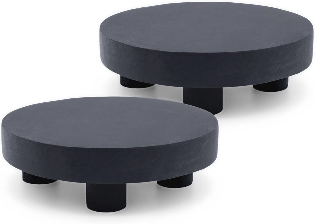 Set van 2 Zwarte Houten Plantenkrukken - Ronde Mini Bloemenstandaards van 15 cm