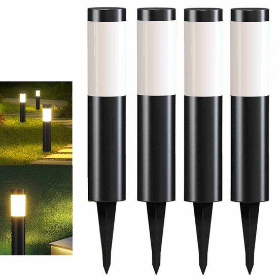 Meedeer Tuinverlichting op zonne energie-Solar Tuinlamp-Padverlichting-4Stuks Solar Tuinverlichting-Warm licht-Zonne verlichting voor buiten-buitenlamp-landschap stok lamp buiten-Gazon lamp Cilindrisch steek lichten zaklamp straatlantaarn(Zwart)