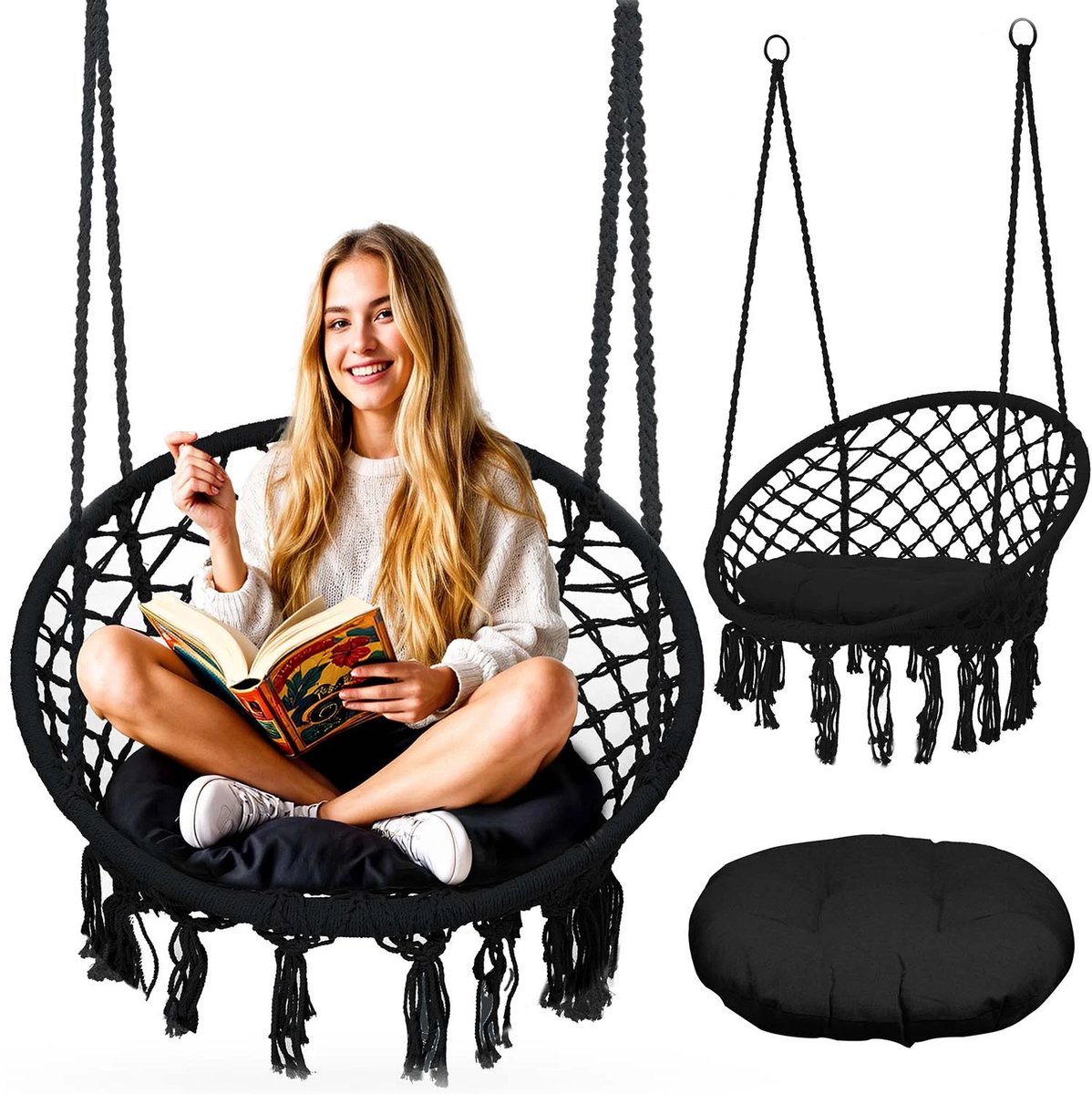 Hangstoel tuin schommel BOHO zwart