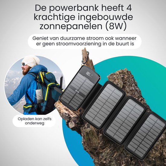 Siltcon® Solar Powerbank Extreme - Powerbank à énergie solaire - Powerbank 30 000 mAh - Pack d'urgence - Chargeur rapide 22,5 W - Voyant LED - Lampe de poche - Compatible iOS/Android - USB-A/USB-C - 4 câbles intégrés - 4 panneaux 8 W