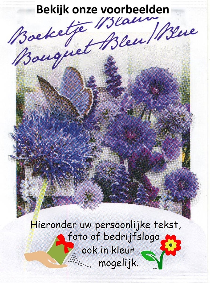 35 -Uitdeelzakjes -Boeketje Blauw zadenmengsel-met uw persoonlijke tekst en/of logo- Afscheid collega- jubileum-bruiloftsbedankje- uitvaart-crematie -mantelzorgbedankje