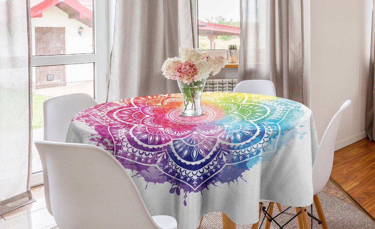 New Bed Regenboog Mandala Aquarel Rond Ronde Tafelkleed, Cirkel Tafelkleed voor Eetkamer Keuken Decoratie, 150 cm Diameter