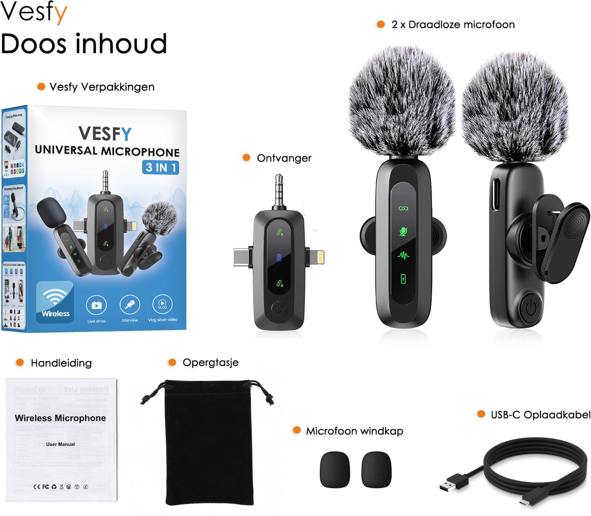 MagicMic™ 2-in-1 microfoon (3e generatie) Content Creation, lavalier-draadloze microfoon met ruisonderdrukking voor PC, iPhone, interviews, YouTube, vlogs (2 zenders 1 ontvanger laadbox adapter