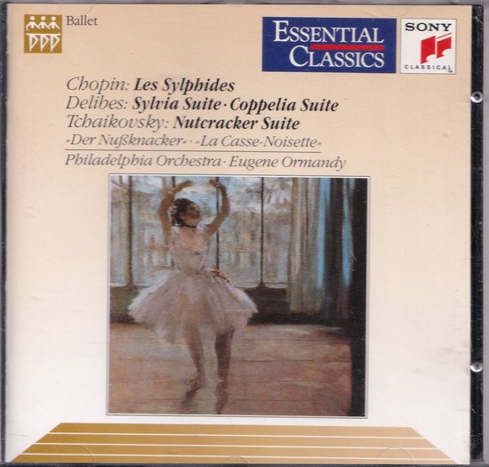 Ballet CD met de titel 'Chopin: Les Sylphides'. Afbeelding van een ballerina in een roze tutu op spitzen in een lichte, schilderachtige omgeving.