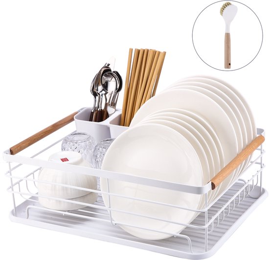 Égouttoir à vaisselle Behave avec bac d'égouttage - Brosse à vaisselle incluse - Égouttoir à vaisselle - Avec porte-couverts - Gain de place - Wit