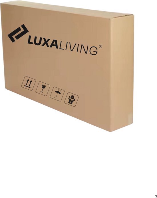 Kartonnen verpakking met 'LUXALIVING' logo en verzendiconen.