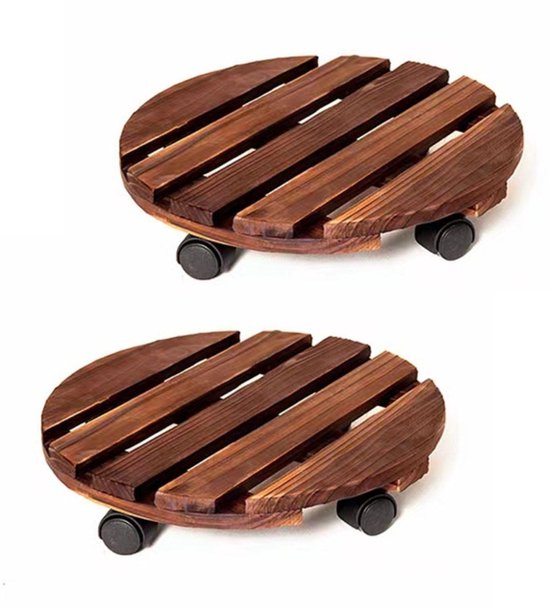 Ceruzo Lot de 2 chariots à plantes en bois - Rond 30 cm - Avec roulettes et frein - Marron - 2 pièces