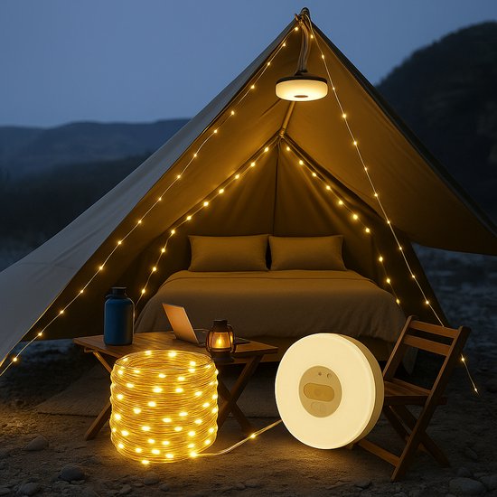 Best Active Camping Lichtsnoer - 10 Meter - IPX4 Waterdicht - Oprolbaar - Oplaadbaar - Warm Wit Licht - Verlichting Buiten Slinger - Lampjes - Kampeerlamp - Tentlamp - Campinglamp - Tuinlamp - Tuinverlichting van Best Active — afbeelding 2