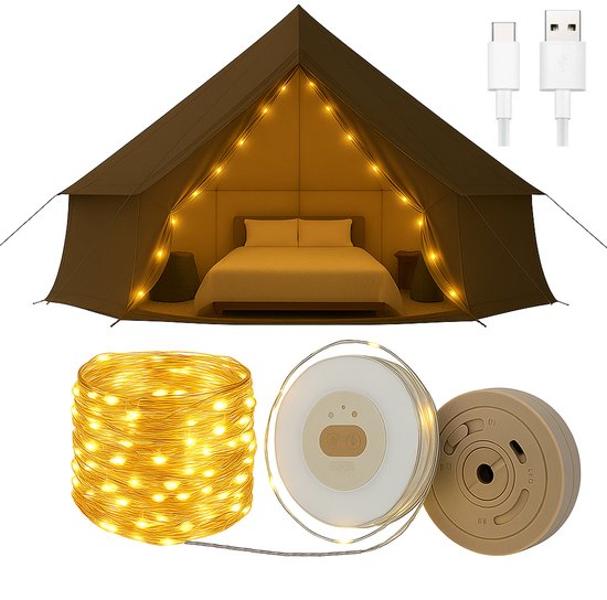 Best Active Camping Lichtsnoer - 10 Meter - IPX4 Waterdicht - Oprolbaar - Oplaadbaar - Warm Wit Licht | Verlichting Buiten Slinger - Lampjes - Kampeerlamp - Tentlamp - Campinglamp - Tuinlamp - Tuinverlichting