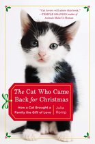 Boekcover met een zwart-wit kitten die de titel 'The Cat Who Came Back for Christmas' draagt. "Kat-liefhebbers zullen dit boek geweldig vinden."