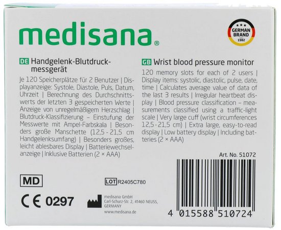 Achterkant van de verpakking met productinformatie in het Duits en Engels, en een barcode.