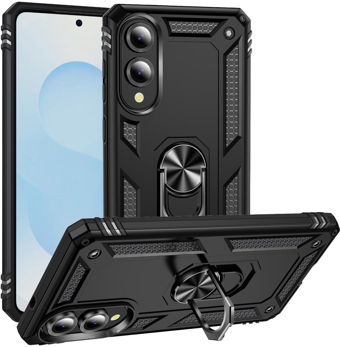 Mobigear Hoesje geschikt voor Samsung Galaxy S25 Edge Telefoonhoesje Hardcase | Mobigear Armor Ring Backcover Shockproof met Ringhouder | Schokbestendig Galaxy S25 Edge Telefoonhoesje | Anti Shock Proof - Zwart