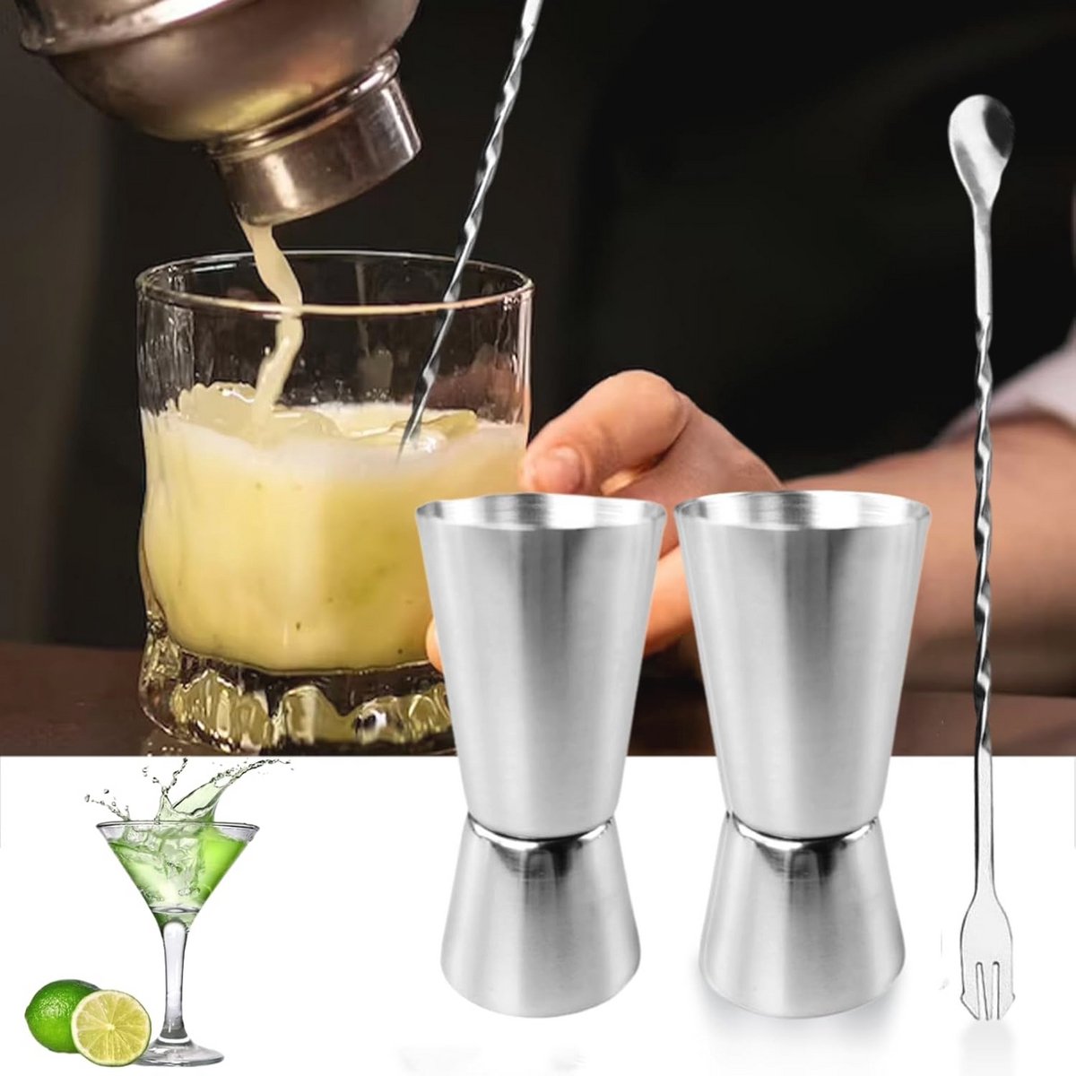 Set van 2 Jigger Spirit Maatbekers en Roerlepel - 25 ml en 50 ml Roestvrij Staal voor Cocktailbereiding