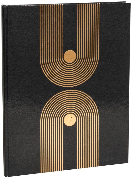 Zwart notitieboek met goudkleurig geometrisch patroon van bogen en een cirkel.