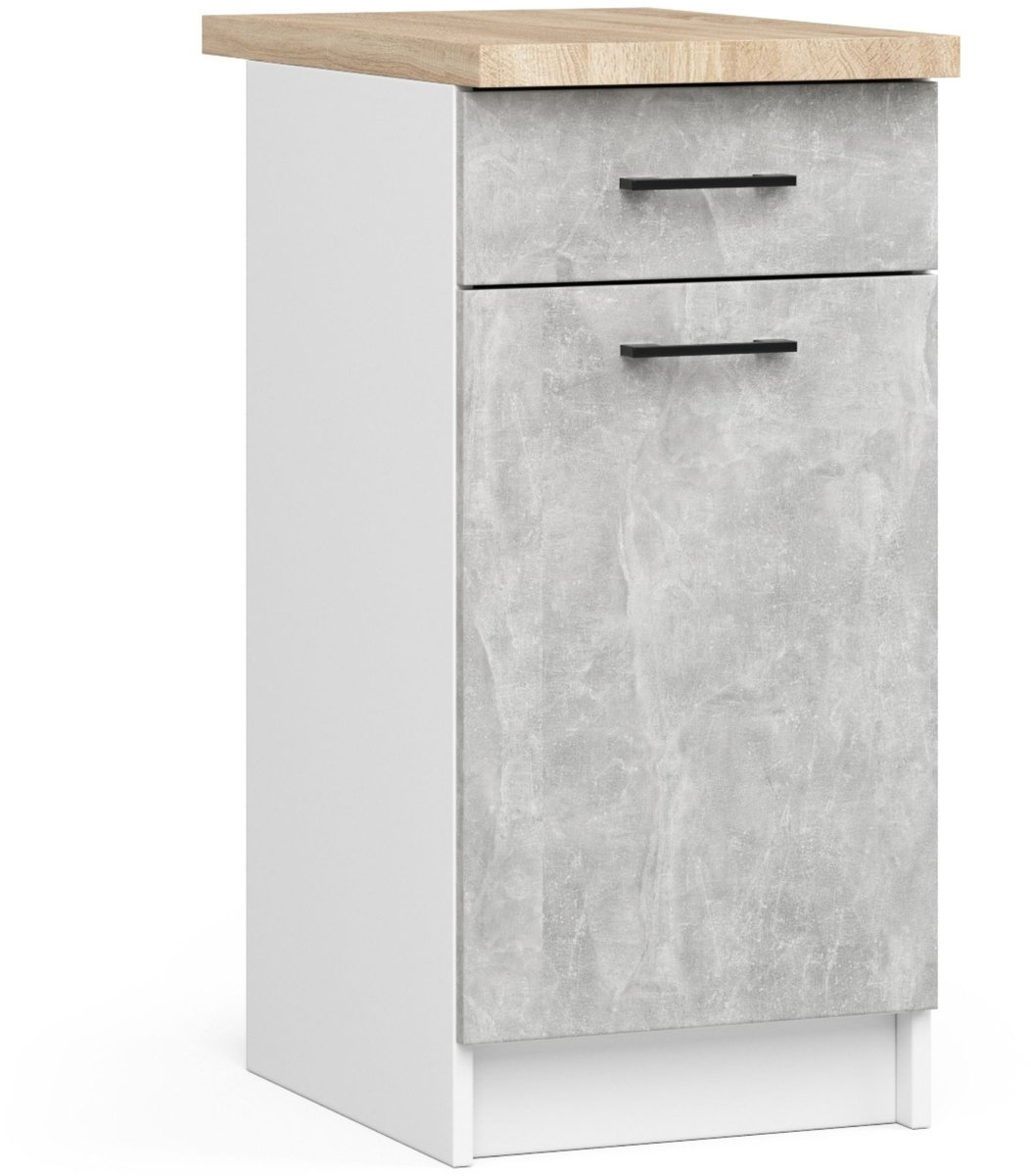 Akord Keukenkast modulaire OLIWIA S40 met Verkblad / Onderkast met 1 Deur en 1 Lade / AKORD Furniture Factory / Wit – Beton Grijs / 40 x 85 x 46 cm