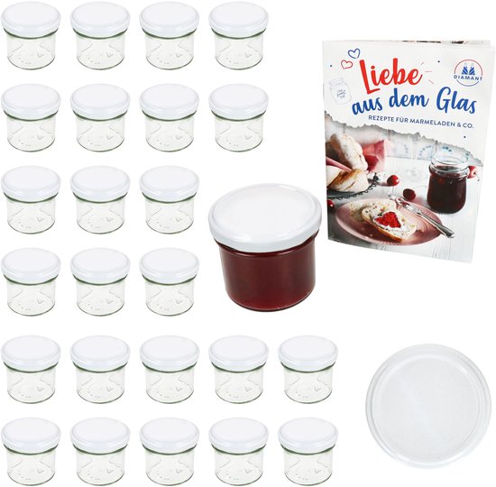 Set van 25 bekers 125 ml jampot inmaakpot Inmaakpot Naar 66 wit deksel incl. Diamant-Zucker Gelierzauber receptenboekje