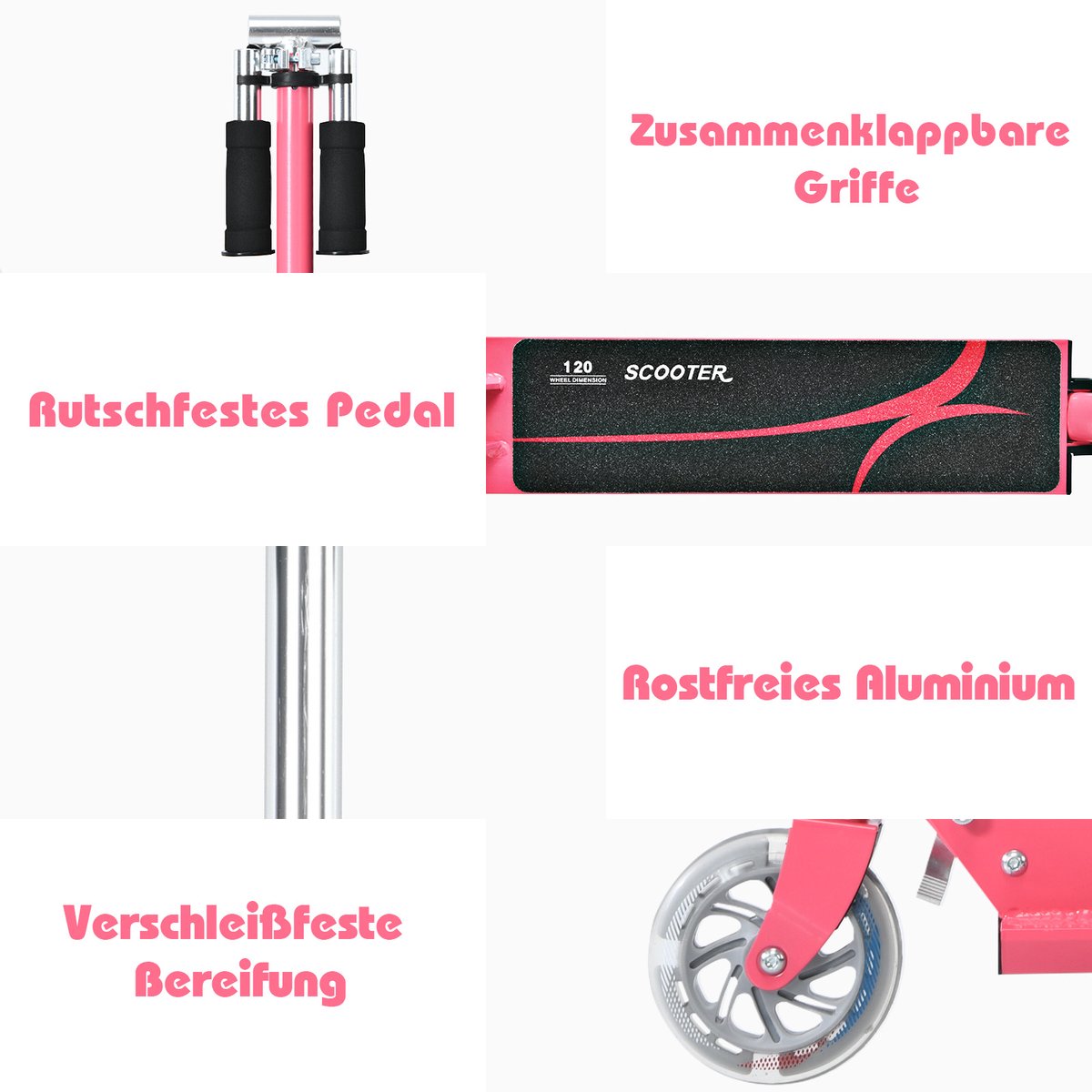 COSTWAY Kinderstep met led-wielen, kinderstep vanaf 4 jaar, in hoogte verstelbaar, kinderstep voor jongens en meisjes (roze