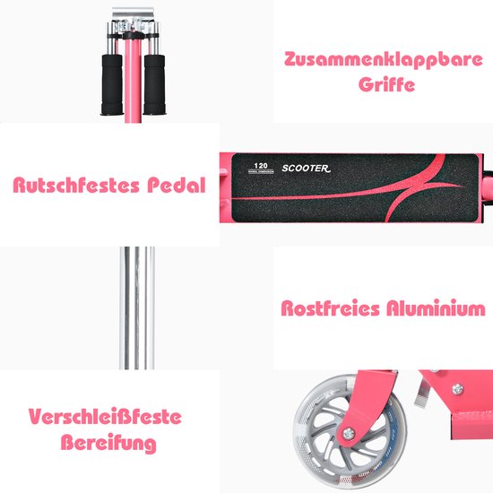 Trottinette rose avec guidon pliable, pédale antidérapante et roues résistantes en aluminium.