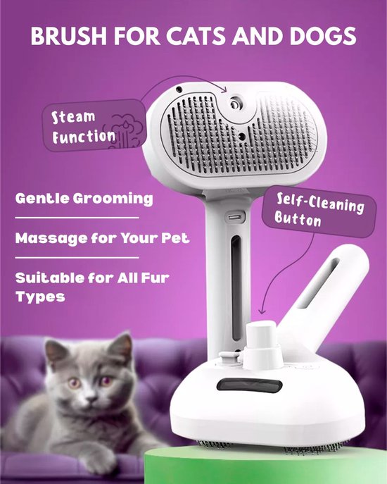 Witte stoomborstel voor katten en honden met functies: stoom, zachte verzorging, massage, geschikt voor alle vachttypes.