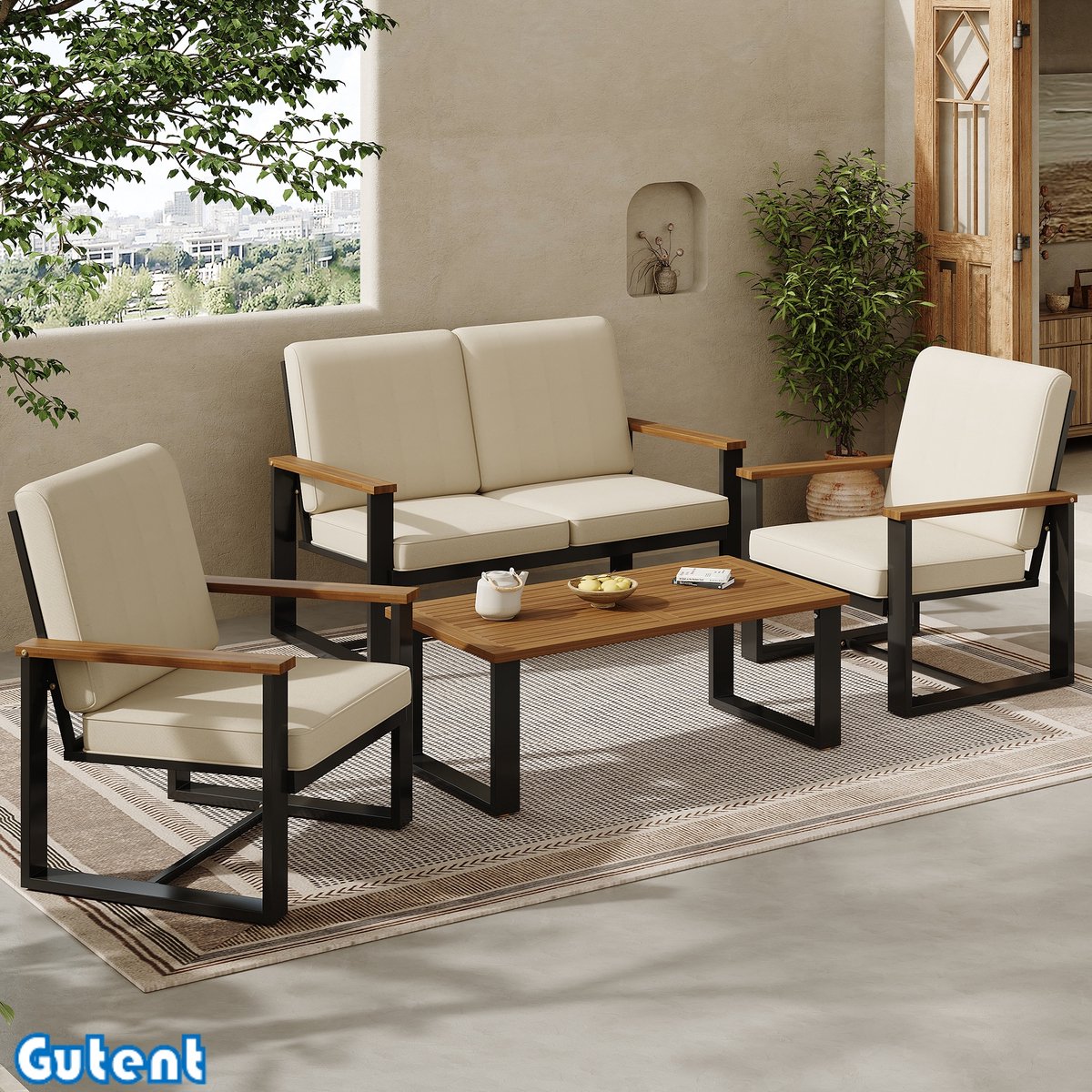 Gutent Tuinmeubilair set — set van 4 stuks — 2-zits bank — 2-persoons bank — salontafel — acacia houten blad — beknopt design — gegalvaniseerd staal — Beige
