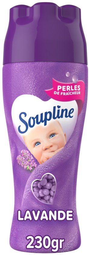 Bouteille Soupline violette parfum lavande. Avec logo en forme de cœur et visage de bébé. Contient des 'Perles de Fraîcheur'.