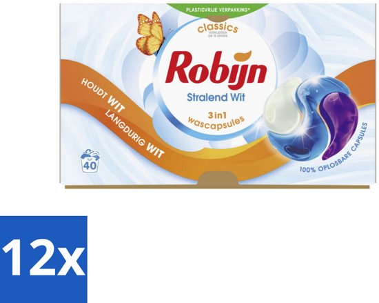 Robijn - Stralend Wit - 3-in-1 Wascapsules - Houdt Langdurig Wit - 40 Wascapsules - Voordeelverpakking - 12 stuks