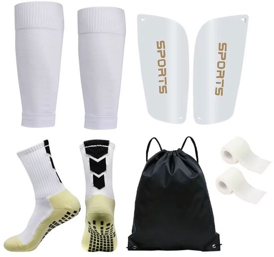 Ensemble de chaussettes de football Gripsock - manchon - protège-tibias - ruban adhésif - chaussettes - sac - chaussettes de football sans pied - taille unique - 5 pièces - blanc