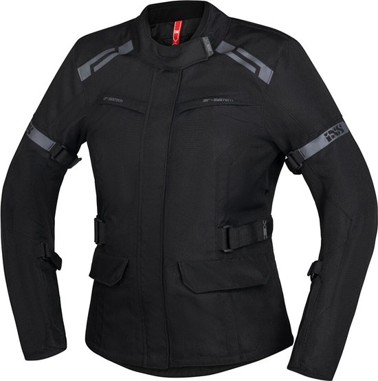 Zwarte iXS motorjas voor dames met air-system op de schouders, borstzakken, reflecterende details en gespen op de mouwen.