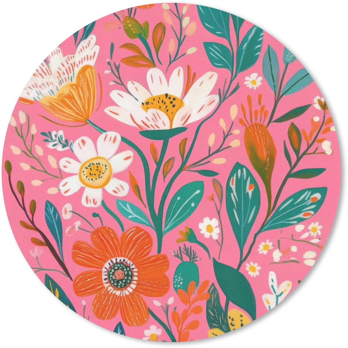 Muismat rond 30x30 cm - Mousepad Roze - Bloemen - Wit - Oranje - Ronde muismatten