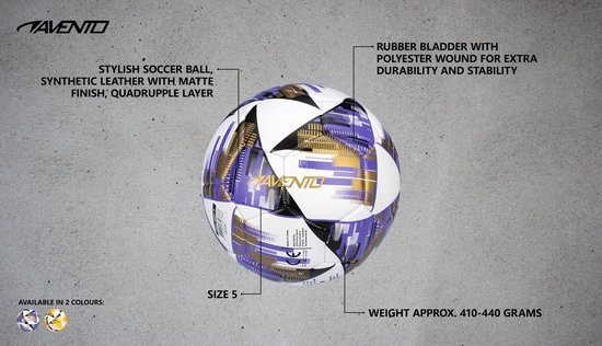 Voetbal met paars, gouden en zwarte patronen. Synthetisch leer met matte finish. Maat 5.