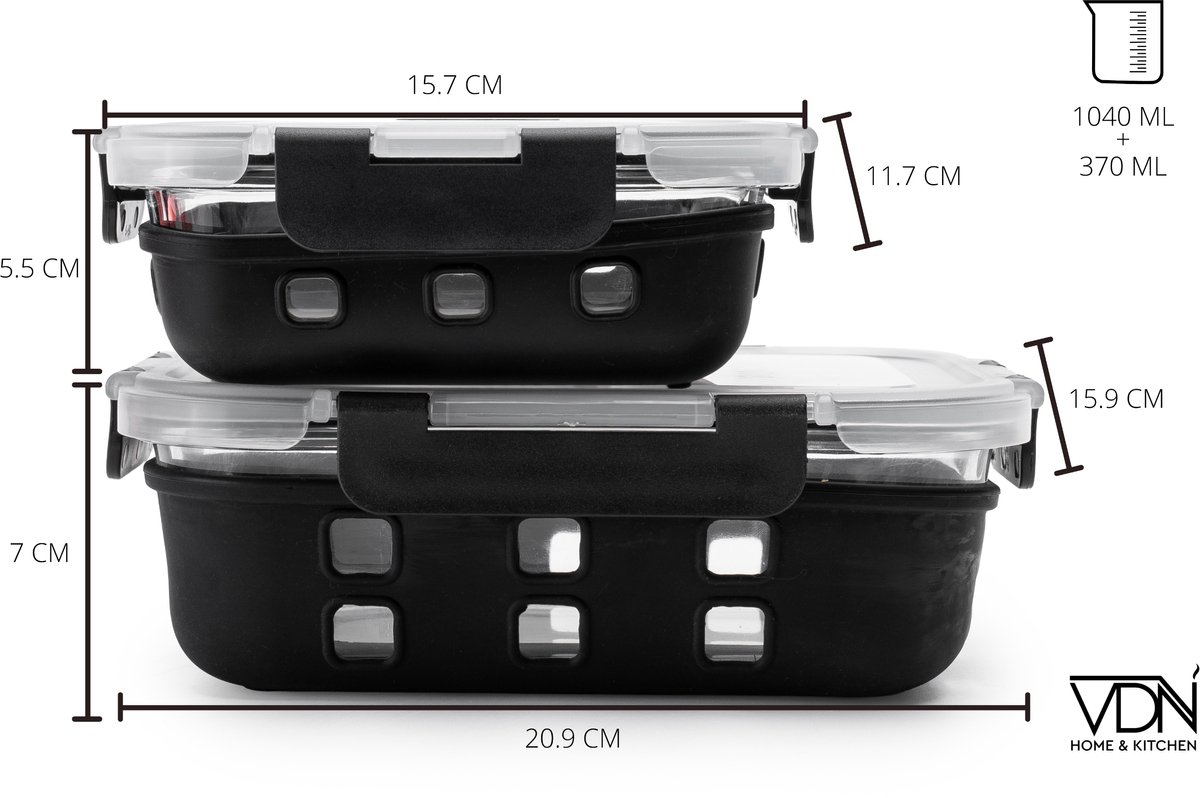 VDN Glazen Meal Prep Bakjes met Silicone Sleeve – 10 Delige Set Vershoudbakjes van Borosilicaatglas – Luchtdicht & BPA Vrij – Magnetron met Ventiel, Oven, Vriezer & Vaatwasser Bestendig – 5x1040ML & 5x370ML — afbeelding 7