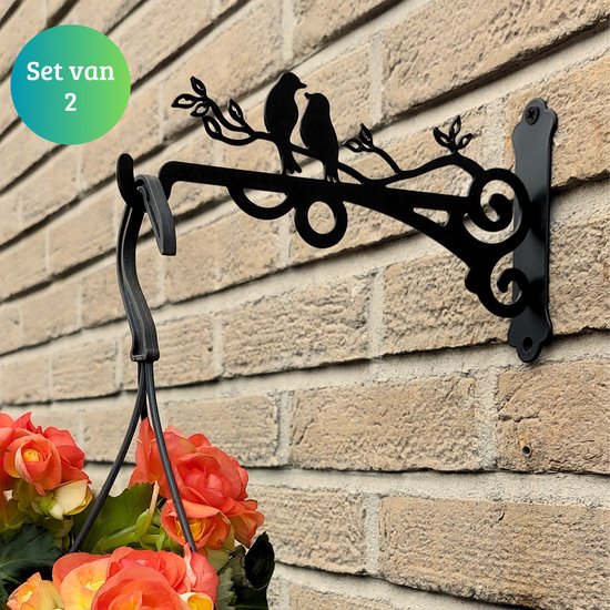 Janse® Kleine metalen plantenhaken met vogels set van 2 - Bloempothaak - Plantenhanger - Vogelvoeder haak - Voerderhanger - Muurhaak zwart - Wanddecoratie - Lantaarnhaak - Tuin haak - Plantenhaak - Plantenhangers