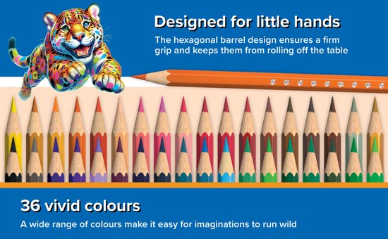 Een rij van 36 kleurpotloden met de tekst '36 vivid colours'. Een kleurrijke jaguar springt.