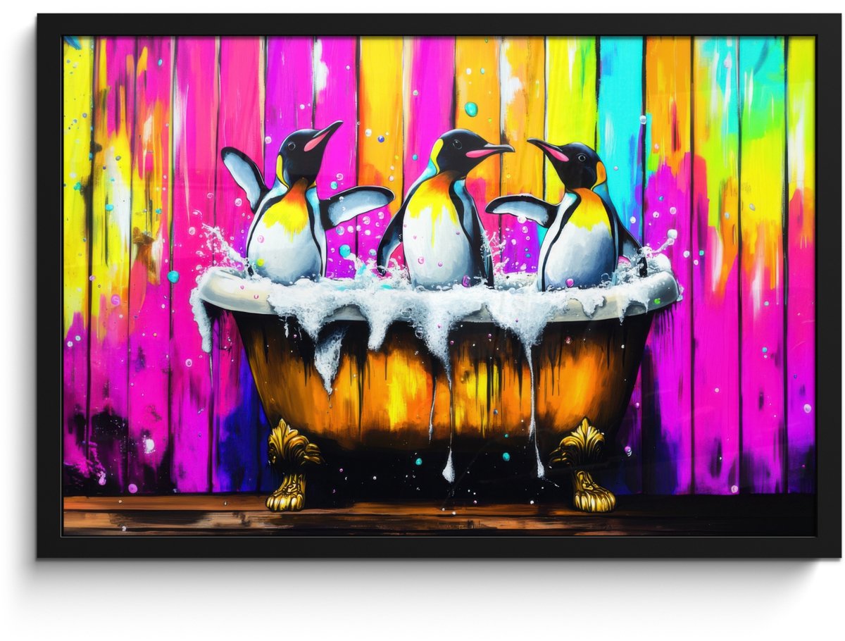 FrameYourWall Poster in lijst - Fotolijst 60x40 cm - Posters - Pinguïns - Badkuip - Kleurrijk - Schuim - Posterlijst zwart - Decoratie - Wanddecoratie woonkamer - Muurdecoratie slaapkamer