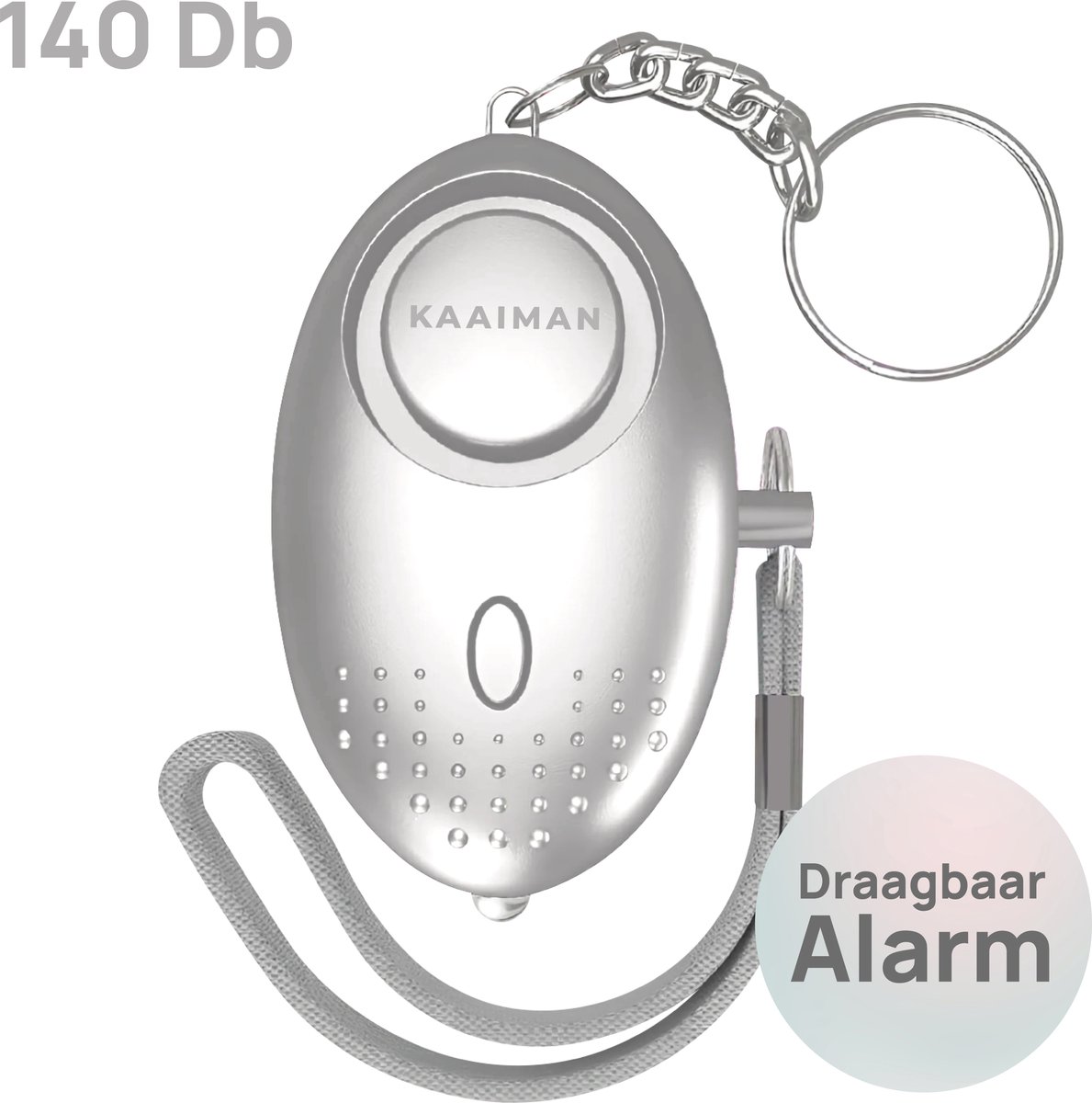 Kaaiman® Persoonlijk Alarm – Alarm sleutelhanger - Ingebouwde zaklamp - Inclusief batterij - Veiligheid - Zelfverdediging - 140 dB - Sleutelhanger - Zilver