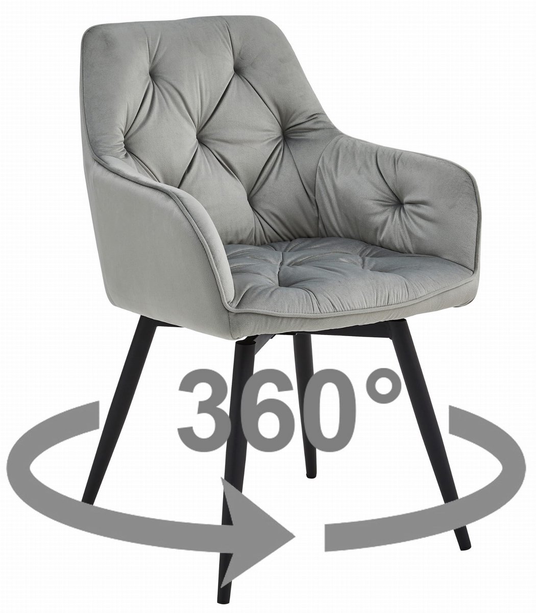 LEOBERT Stoel JORK 360 - Zilvergrijs Velvet - Zwarte Metaalpoten - Luxe Eetkamerstoel - Fauteuil - Met Armleuning - 360° Draaibaar - Modern Design - Elegant en Comfortabel voor Woonkamer, Keuken of Eetkamer - Max. 110 kg