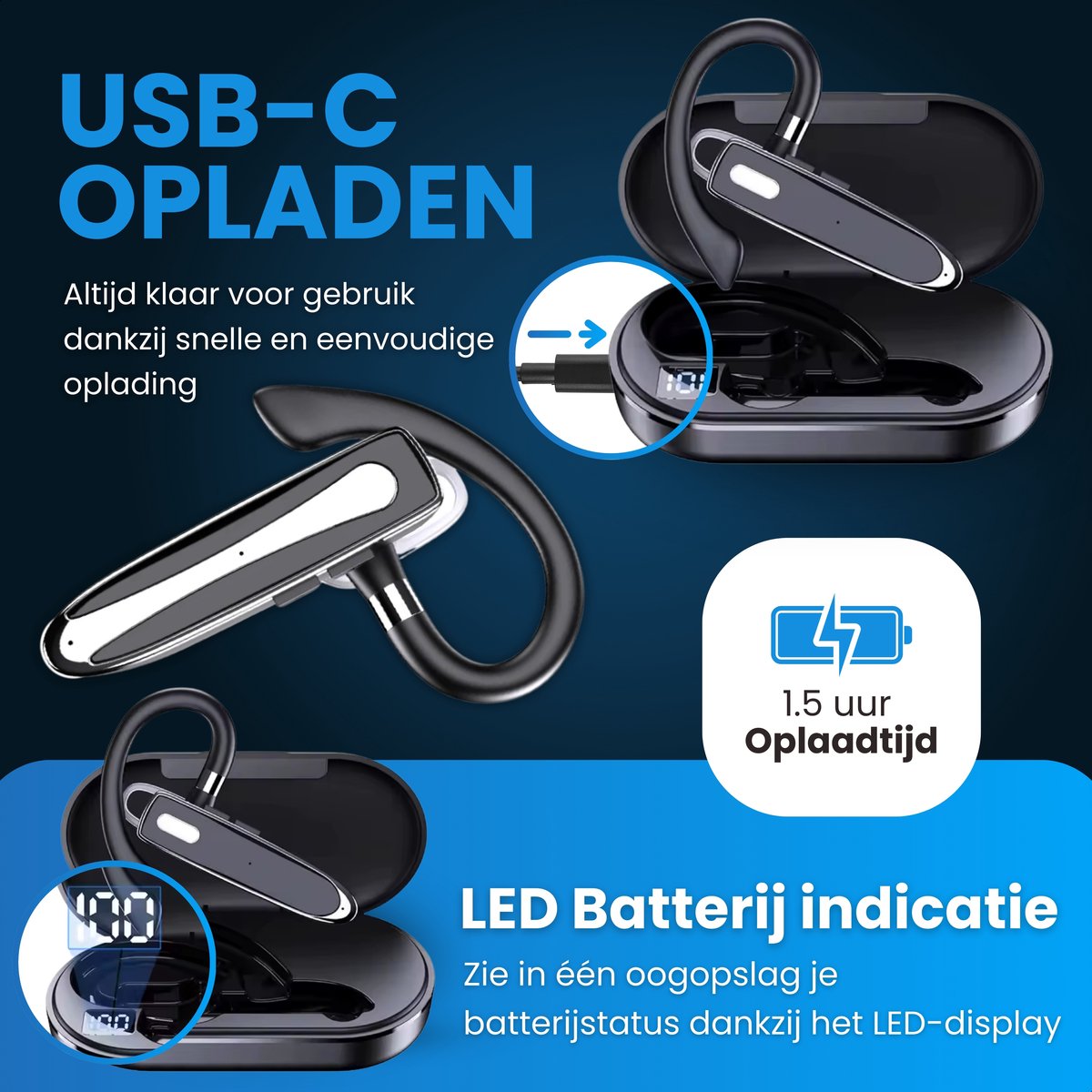 Otiume - Draadloze Headset - Noise Canceling - Microfoon - Incl. Oplaadkoffer - Bluetooth 5.3 – Handsfree Bellen - Zwart/zilver thumbnail 7