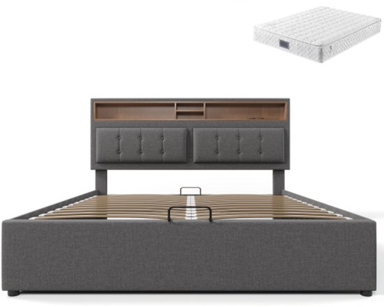 Gestoffeerd bed 160x200 cm in wit PU en licht hout, met LED-verlichting