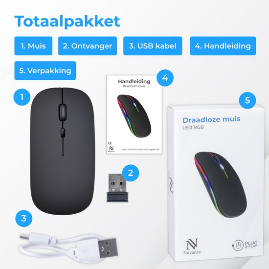 Nuvance Draadloze Muis LED - Bluetooth - Stil - Laptop & Gaming - Draadloos - Computermuis - Links & Rechtshandig - Zwart
