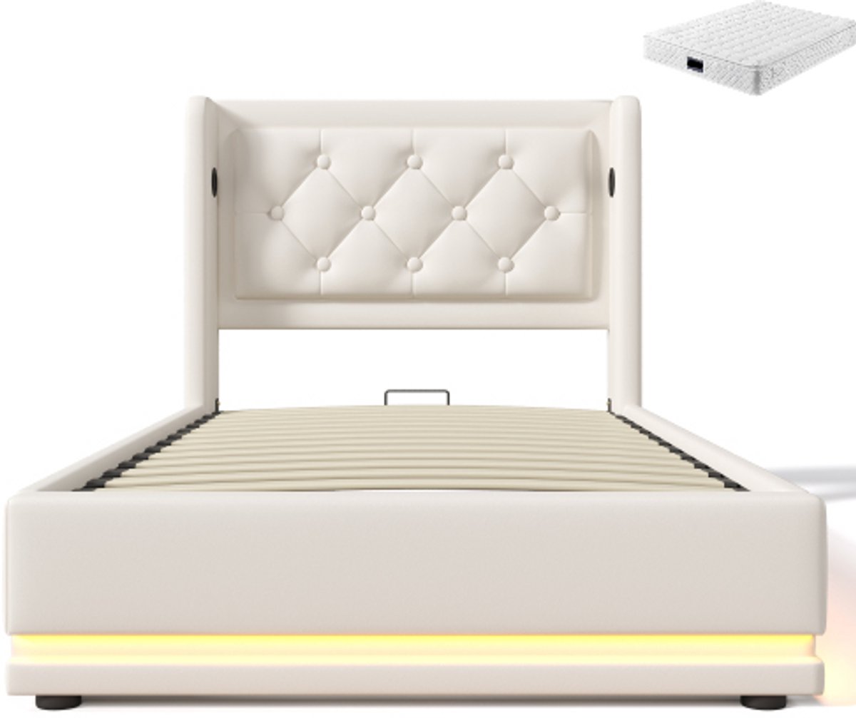 Gotagee Gestoffeerd bed 90x200cm eenpersoonsbed (met matras) wit PU hydraulisch opbergbed met USB Type-C oplaadfunctie en 3-zijdige LED-functie