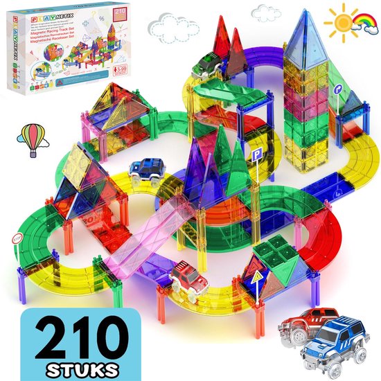 Magnetic Tiles Racebaan - 210 Stuks - Magnetisch Speelgoed - Magnetische Tegels - Educatief & Constructie - Auto's - Montessori - Bouwstenen - Bouwblokken - Voor 3, 4, 5, 6, 7, 8, 9 Jaar - Bouw je Magna Wereld - Kinderen - Playnetix