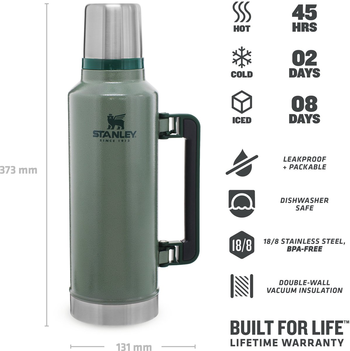 Stanley Classic Legendary Thermosfles 1.9L - Houdt 45 Uur Warm, 2 Dagen Koud - Vaatwasserbestendig - Roestvrijstalen Thermoskan - Lekvrij - Hammertone Green – foto 3